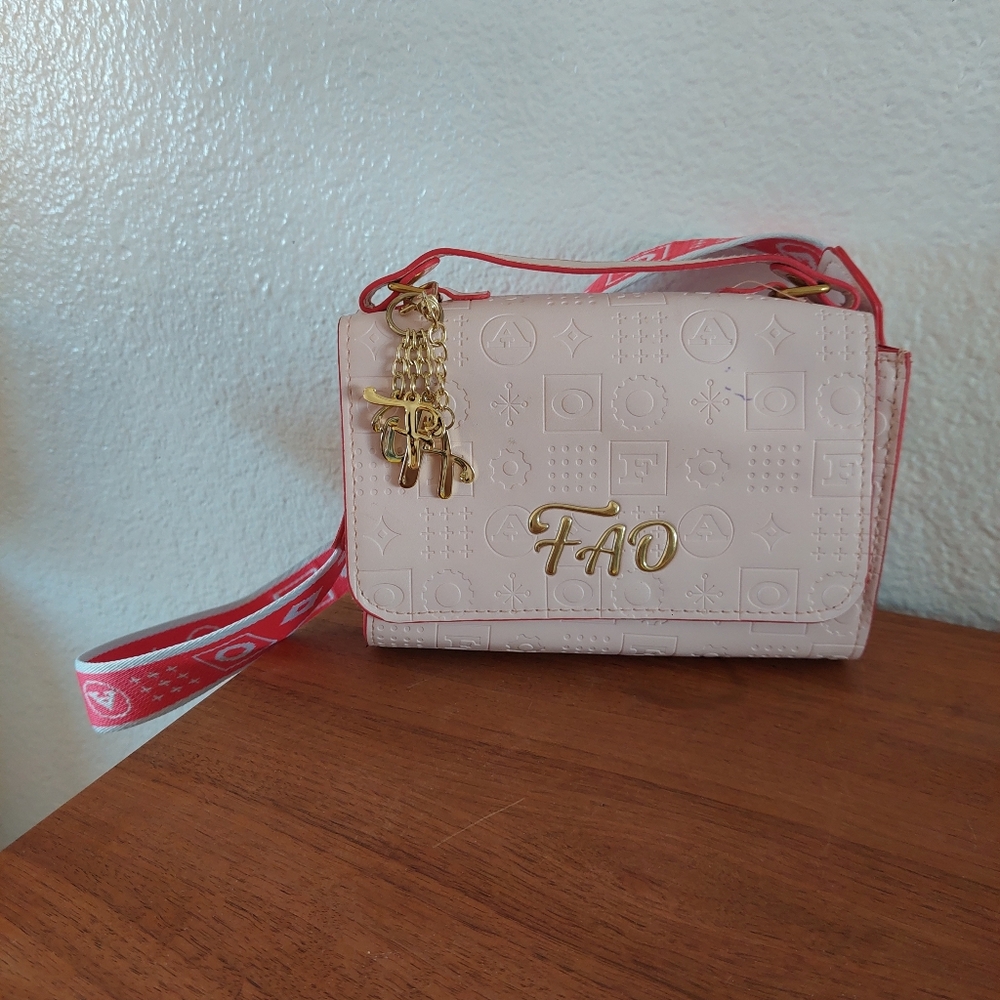 FAO Embossed Pale Pink Crossbody Bag with Red Strap